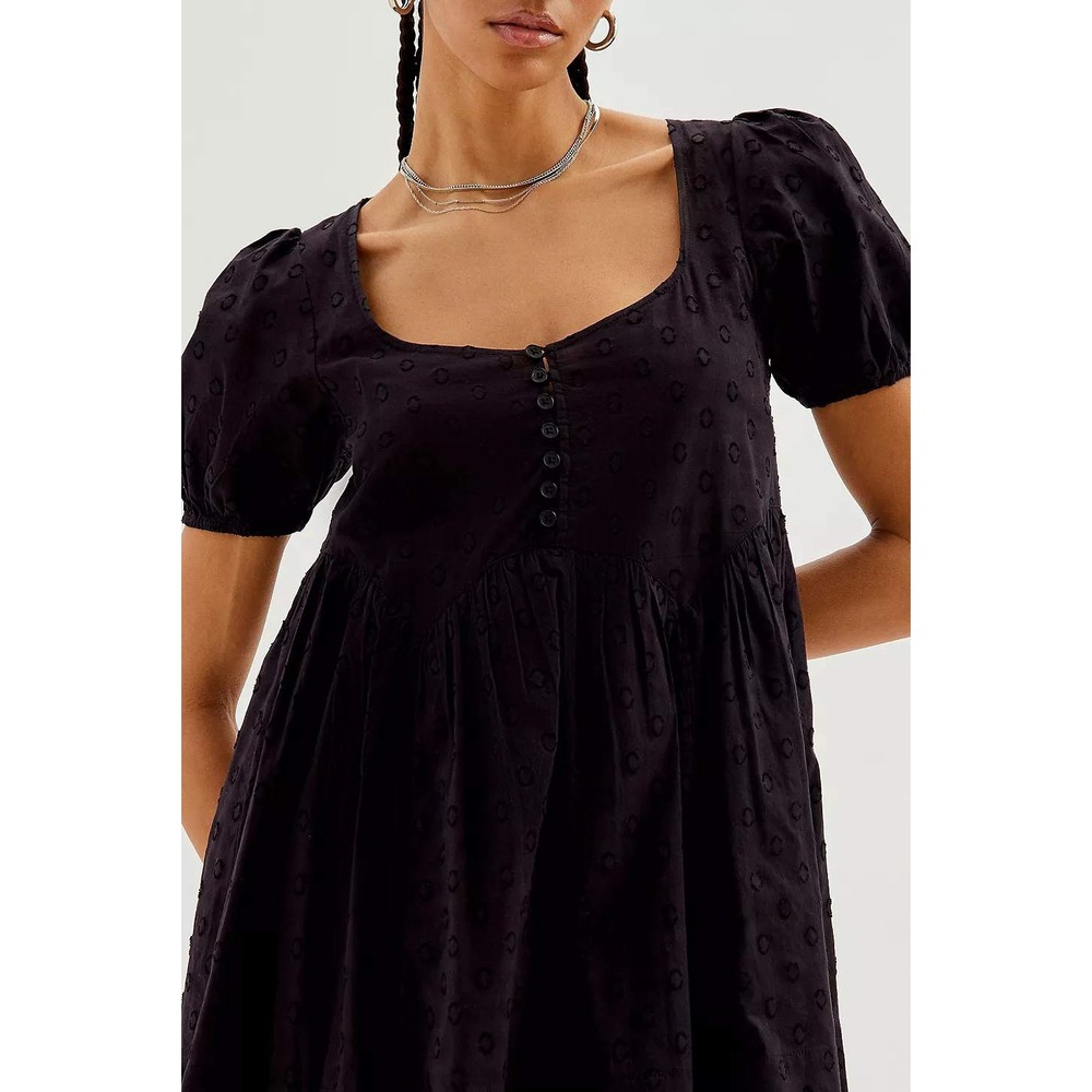 Kimchi Blue Babydoll Dress Womens Small Black Swiss Dot Puff Sleeve Mini Cotton
